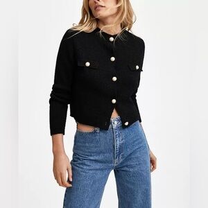 Mango knitted textured cardigan with gold jewelry black